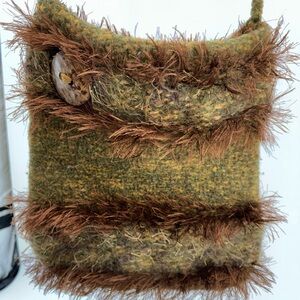 Boho handmade felted yarn Green and Brown Handbag with Button Accent